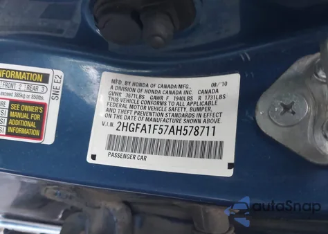 2010 Honda Civic Lx z USA, uszkodzony, nr VIN 2HGFA1F57AH578711